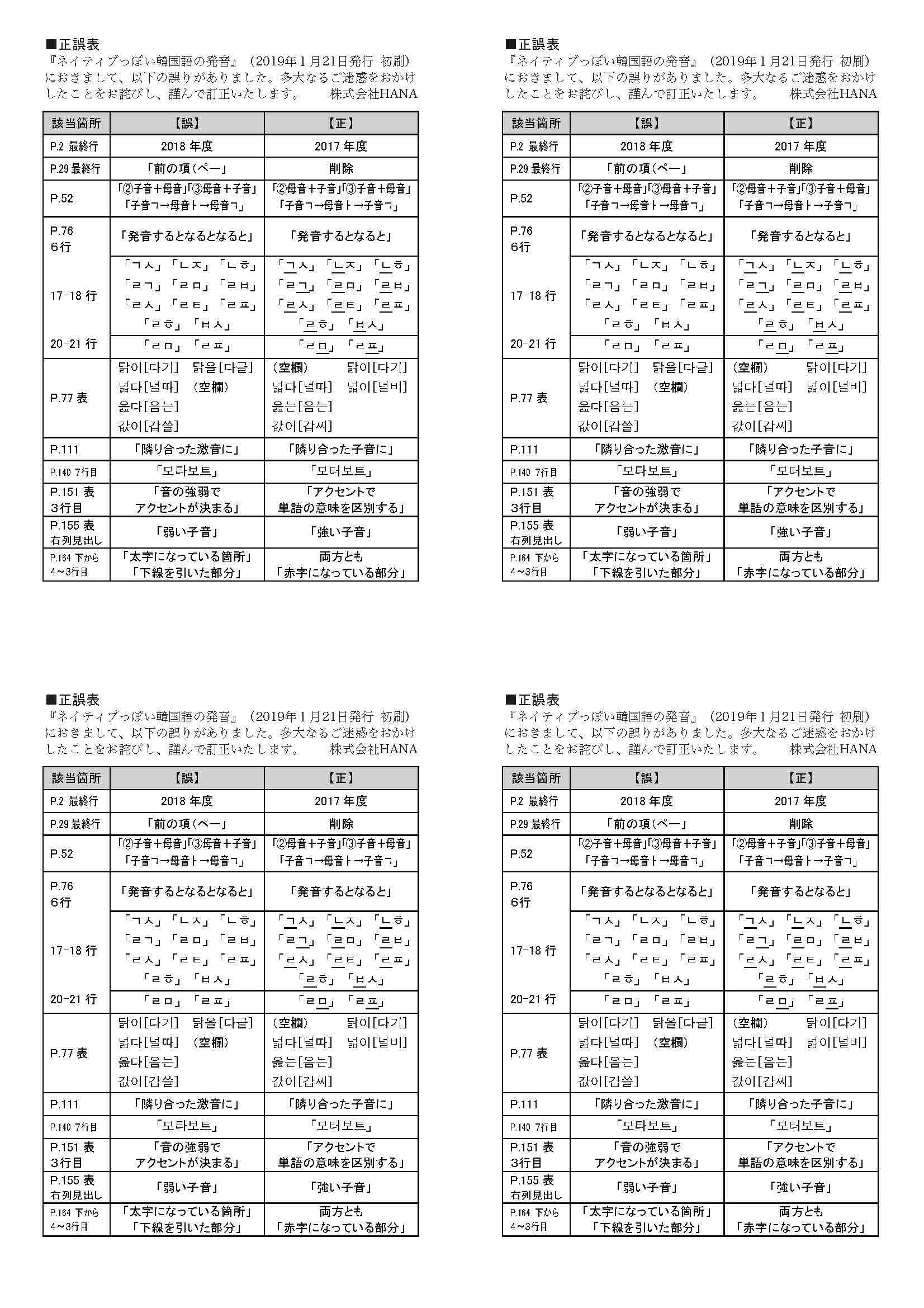 ネイティブっぽい韓国語の発音_初刷正誤表